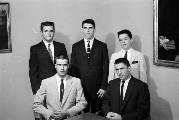Group portrait of five students who were elected to positions of leadership at Edgewood High School for the new school year. In front, left to right, are: Thomas Joynt, student council president; and Michael Rieder, National Honor Society president. In back, left to right, are: Paul Tierney, senior class president; Thomas Brophy, junior class president; and John Sweeney, sophomore class president.