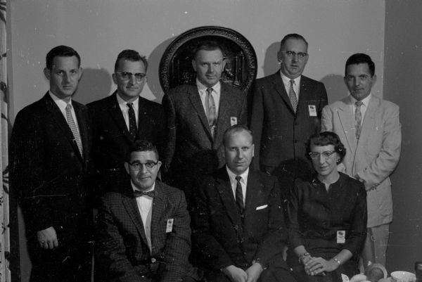 Group portrait of the board of directors of the Southern Wisconsin chapter, National Machine Accountants Association with newly elected officers in the front row. They are, left to right: William Werner, vice-president, Donald E. Peterson, president, and Dorothy Wirick, secretary. 
