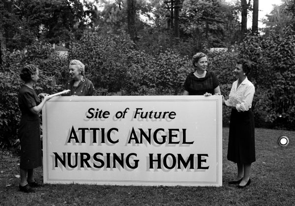 Two acres of land in the University Hill Farm plot have been purchased by the Attic Angel Association as a site for a nursing home. The present Attic Angel Nursing Home at 102 East Gorham Street is too small. Association officers are shown discussing plans for the project at the new site. They are, from left: Ruth Towell, president; Inez Toebaas, treasurer; Mariel Campbell, chairman of the building committee and Theodora Kubly, chairman of the nursing home expansion committee.