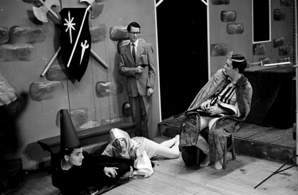 Central High School actors rehearse for "A Connecticut Yankee in King Arthur's Court" to be shown in the school's auditorium. Holbert Hart is shown standing. Others in the scene, left to right, include Joe Germono, John Worden and Steve Noles.