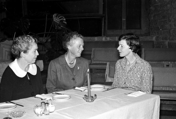 The honored guest and speaker at a Madison League of Women Voters dinner is Mrs. John G. Lee, of Farmington, Connecticut, who was the national president from 1950 to 1958. She is sitting in the center and is visiting with Mrs. Kath Lichter (left), president of the Madison league, and Mrs. Frances Hurst, past president of the Madison league and officer of the state board.