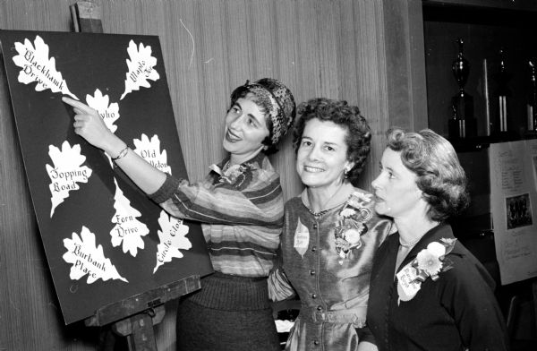 At a welcoming event for new Shorewood Hills residents, Mary Wiley, center, is pointing to an autumn leaf on a wall hanging. Each leaf has the name of a street in the village. At left is Leslie Holt, league president, and at right, Marianne Boyd. The event was sponsored by the Shorewood Hills Community League.