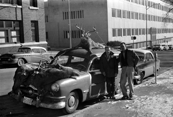 Danny Sands and Dick Goldfield (right) standing by a wood-sided station wagon with two deer tied to the front hood lid, and a third deer on top of the car. The deer is tied to keep it's head upright and it's five-pointed antlers on prominent display. The deer on the roof appears to be wearing a face harness with bit.