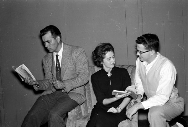 St. James Catholic Theater actors rehearse for an upcoming play. Left to right: Dick Roemer, Delores Milke, and Lavern Schald.