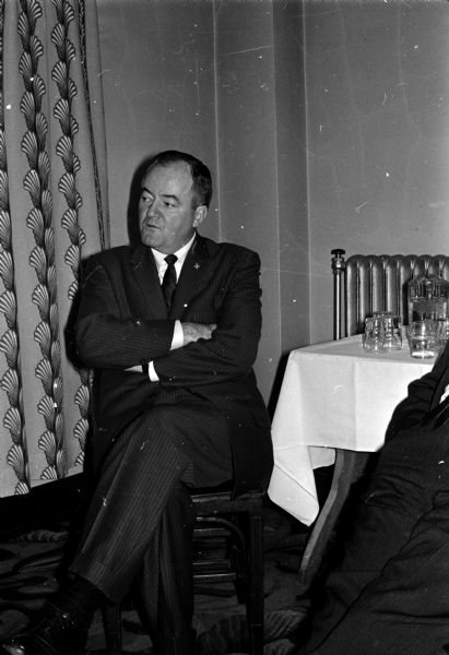 One of twelve images of Senator Hubert Humphrey at a Madison news conference. It was at the end of a two-day tour of Wisconsin and followed a tour of the state by New York Governor Nelson Rockefeller.