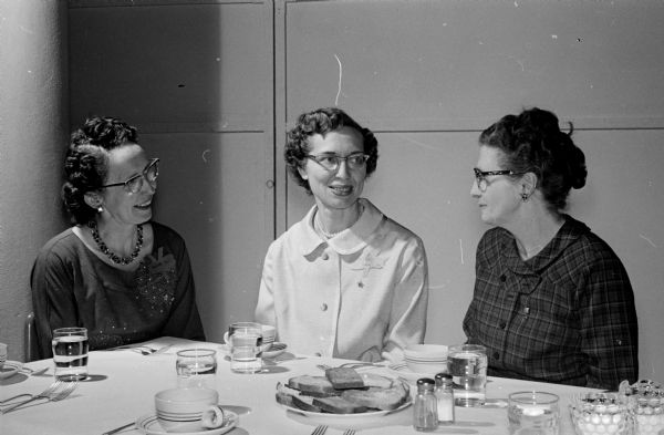 Seated at the luncheon for the formation of the new BY chapter of P.E.O. are, left to right: Mrs. Hannah Hamill, Mrs. Elizabeth Ruklic, and Mrs. Robert W. Wood of Waukesha.