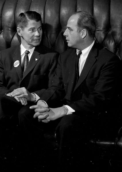 Governor Orville Freeman of Minnesota (left) chats with Wisconsin Governor Gaylord Nelson before a Freeman press conference in Nelson's office. Freeman is promoting Hubert Humphrey over John Kennedy in the upcoming Wisconsin presidential primary.