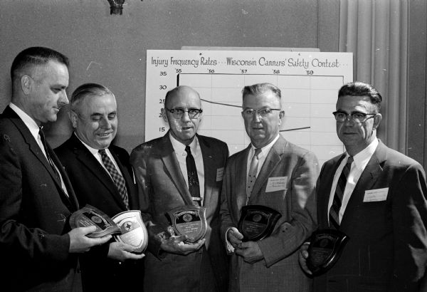 The Wisconsin Canners Association honors 19 canning plants, six in the Madison area, for accident free records in 1959 at a two day session at the Madison Loraine Hotel. Among those present accepting awards are Kenneth W. Reuhl, Pardeeville Canning Co.; V. J. McCarthy, Waunakee Canning Corp.; Lester Shultz, Oconomowoc-Poynette Canning Co., Poynette; C. J. Haima, Stokely-Van Camp,Inc., South Beaver Dam; W.C. Schorer, Jr, Reedsburg Food Corp., Hillsboro; and Bernard Alling, Sauk City Canning Co.