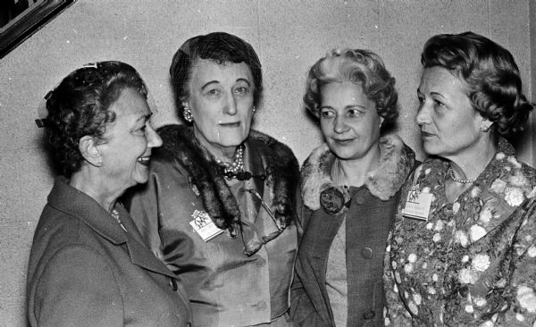 Some of the women attending the Wisconsin Federation of Republican Women's Clubs annual meeting include, left to right: Mrs. W.C. Norris, Milwaukee, fourth vice-president; Mrs. Ben Sias, Onalaska, first vice-president; Mrs. Francis Duffy, La Crosse, chairman of her county's federation; and Constance Holmquist, program chairman for the host Dane County Federation.