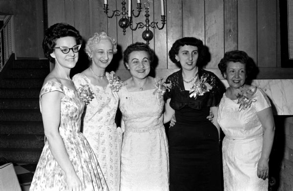 Wisconsin National Secretaries Association annual spring meeting is held at the Ivy Inn in Madison. Officers of the Association shown (left to right) are: Miss Ruth Gallinot, Chicago, Great Lakes district vice-president; Miss Evelyn Brooks, Milwaukee, Wisconsin division president; Miss Stella Kaiser, Racine, Wisconsin division vice-president; Mrs. Jean Atkins, Madison, Wisconsin division treasurer; and Mrs. Florence Hanson, LaCrosse, Wisconsin division secretary.