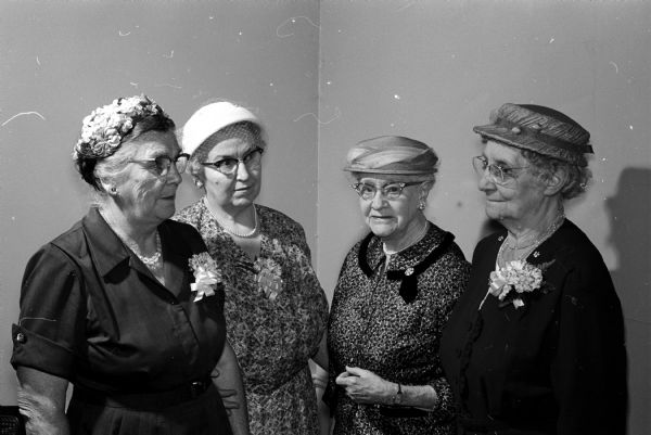 The Three Links Club luncheon was held at the Pilgrim Congregation Church. Some of the attending members include, from left to right: Mrs. Albert Rein, luncheon chairman; Dora Kline, who gave a toast to the secretary-treasurer; Irene Prindle, a charter member; and Emily Legler, who gave a memorial to deceased members.