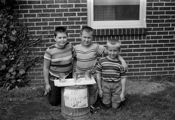 Three brothers raise $6.30 for the American Cancer Society at a carnival held in their backyard, located at 2721 Chamberlain Avenue. The boys, sons of Mr. and Mrs. Raymond Hyde, are, left to right: David (9), Raymond (11), and Ricky (6).