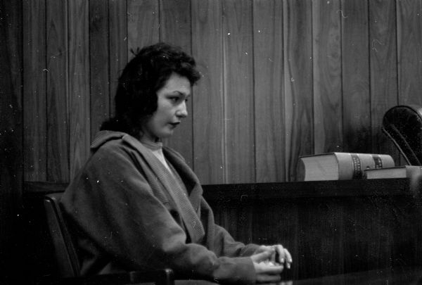 Sharon Ackerman testifying at the Mickey Hayes murder trial. She attended a party at the Hayes family home and witnessed Mickey's demeanor change from calmness to rage prior to murdering his father Harold and another man, Walter (Mike Nelson).