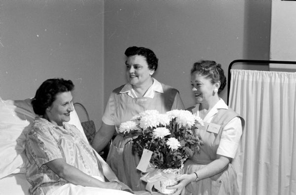 Joan Beyer (left), a patient at St. Mary's Hospital, receives a plant from Mary Kretschman, chairman of the new flower and mail service of the Ladies in Pink Auxiliary. With them is Marion Pride, co-chairman. The auxiliary, a non-sectarian volunteer group, began during the war, gradually disbanded, and was reactivated in 1950.