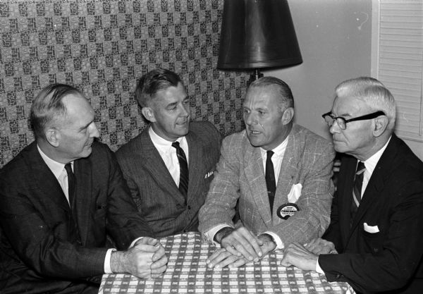 Members of the Lions Club and their guests gather at the Park Hotel to mark the 37th annual observance of Constitution Day. The day marks the 173rd anniversary of the signing of the American Constitution. Shown (left to right) are: City Attorney Harold E. Hanson; Rev. Robert Towner, pastor of First Baptist Church; Wisconsin Secretary of State Robert Zimmerman; and Superior Court Judge Roy H. Proctor.