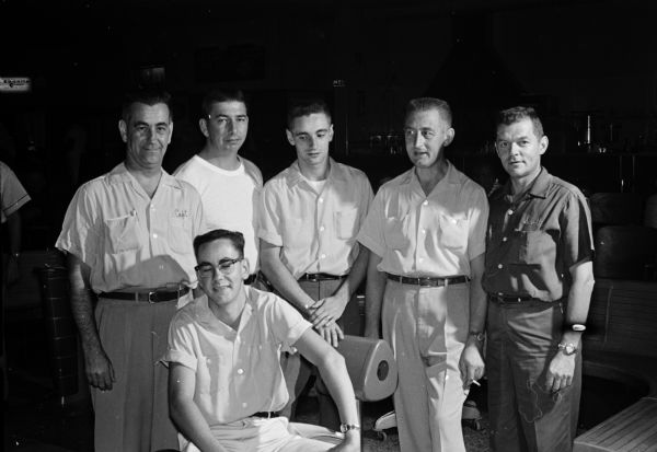 The 1960-1961 Madison bowling season begins at leagues around Madison. Members of the Greg's Five bowling team shown are (seated), Gary Adler and (standing L-R), Greg Adler, Bob Egan, Ronnie Adler, and Bob Haas along with Bill Scott, captain of the M. G. & E. Sales team.