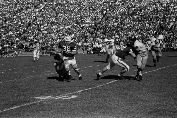 Tom Wiesner (#38) runs with a pass from quarterback Ron Miller during the Fathers' Day football game between the University of Wisconsin and Purdue at Camp Randall stadium.