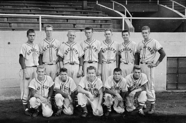 Cardinals baseball team winners of the Madison Pacific Baseball league championship.
Front row, left to right: Buddy Woller, Mike Blackburn, Dave Norby, Tom Myers, and Bill Woller.
Second row, left to right: Larry Loye, Ron Browne, Bill Pickarts, Gary Olson, Tom Middleton, Jim Gruendler, and Paul Morrison. Missing from photo-Steve Zielke, Jim Affholder, and John Martinelli.