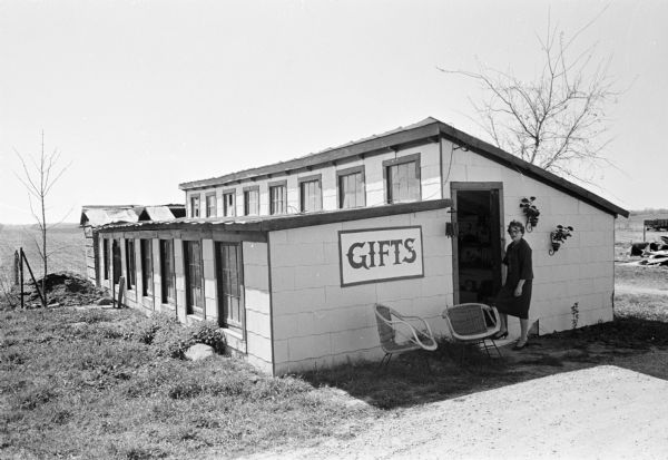 Exterior view of the hen house on the Elizabeth McCoy Syene Road farm. It was converted into a gift shop for the annual Altrusa club annual country fair.