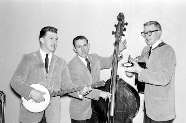 1962 may have been the start to a musical career for this Madison area vocal and instrumental trio, the Bards.  Left to right are: Paul Skalet, Cross Plains, a bank clerk; Bill Brunner, Black Earth, an offset printer; and Phil Dybdahl, a jingle writer who has written the two songs on their first record to be released soon.