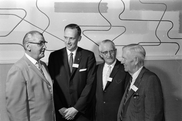 The Madison Savings and Loan Association group holds a banquet at Welch's Embers Supper Club. Shown left to right are: Al C. Steinhauer, president of Anchor Savings and Loan; Arthur Wellman, president of Provident Savings and Loan; R.L. Ethun, secretary-treasurer of East Madison Savings and Loan; and John W. Haley, president of First Federal Savings and Loan.