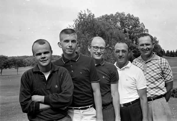 Portrait of the top five finishers in the 17th annual Madison City Golf Tournament at Nakoma Country Club. They include, left to right: Jack Allen, Ralph Schlicht, Doug Koepcke, Steve Caravello and Harry Simonson.
