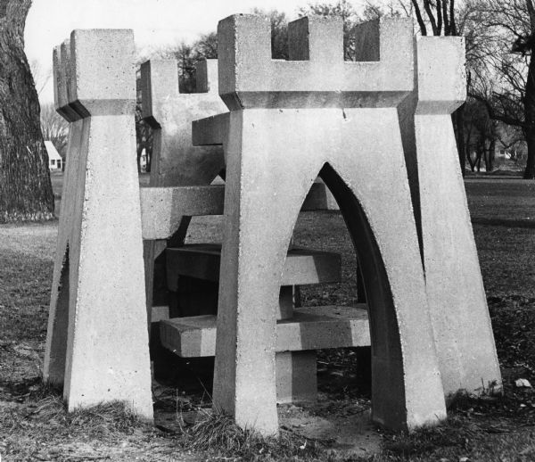 Unusual concrete play castle at Brittingham Park. This functional art was built by Paul Duesler with materials supplied by the Madison Jaycees.