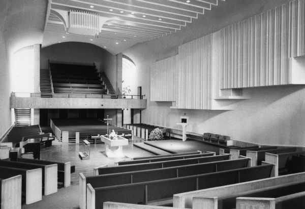 Interior view of St. Paul's Student Chapel at 723 State Street, which has the appearance of a theater in the round.