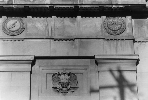 Stone carved ornamentation on the Masonic Temple exterior at 301 Wisconsin Avenue. These details symbolize the various aspects of the Mason's heritage.