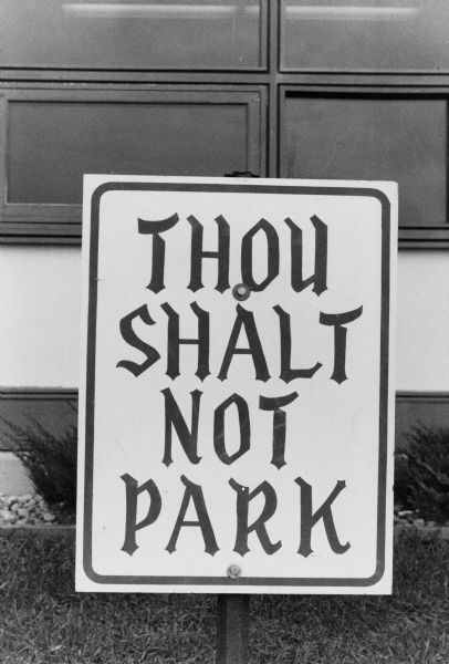 Signs that read "Thou Shalt Not Park" posted around St. Stephen's Lutheran Church at 5700 Pheasant Hill Road.