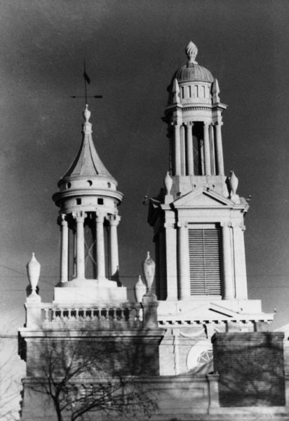 Dual steeples on the First Congregational Church at Breese Terrace and University Avenue.