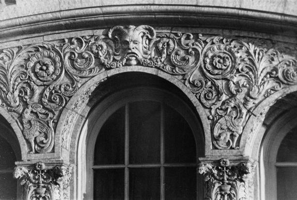 A gargoyle is the centerpiece in this ornate stilted arch design above the marquee of the Capitol Theatre at 213 State Street.