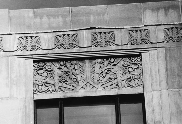 Art Deco design on the exterior of the Harry S. Manchester store at 2 East Mifflin Street. Art Deco emphasized simplicity of design and drew on Egyptian, Indian and classical influences.