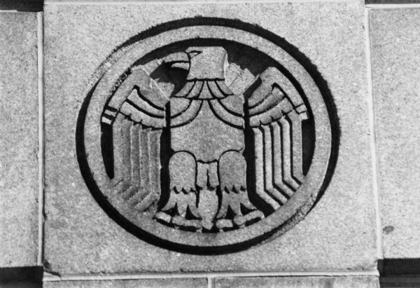 A relief of an eagle, one of several, which decorates the exterior of the State Office Building at 1 West Wilson Street.