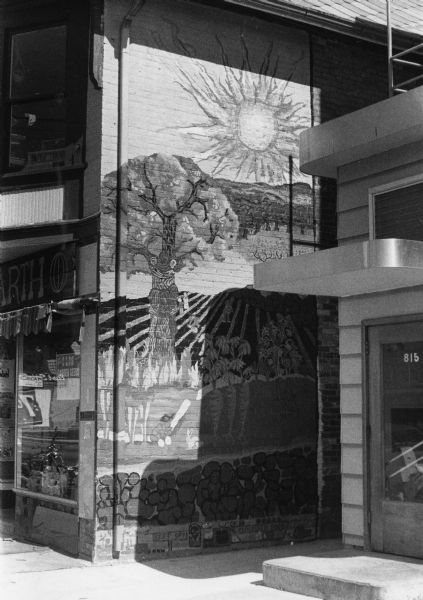 A mural painted on the exterior wall of the Whole Earth Learning Community at 817 East Johnson Street. The mural was painted by Nicki Glenn and depicts the fertility and resources of nature.