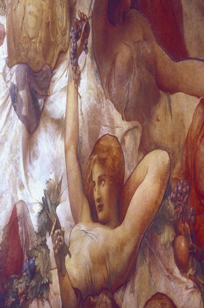 Detail of "Resources of Wisconsin," painted by Edwin Howland Blashfield, inside the Wisconsin State Capitol. A woman  is depicted holding a bunch of grapes.