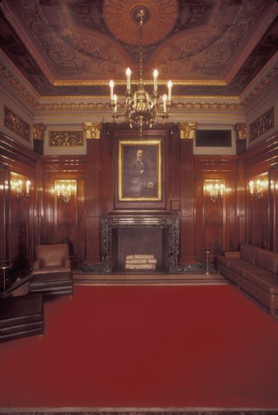 Senate Parlor in the Wisconsin State Capitol. The walls are african mahogany, and the mantels and plinth are of greek marble.