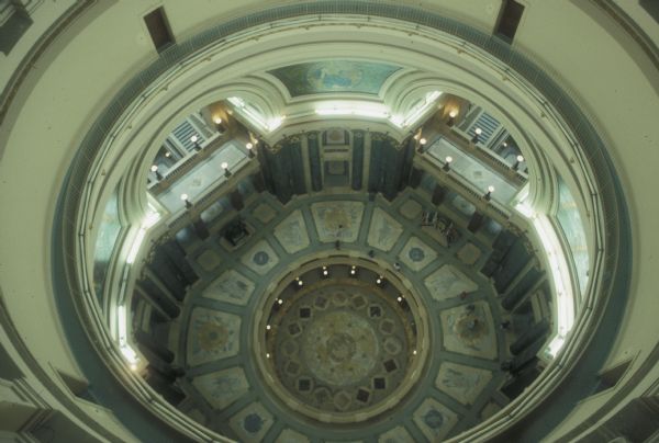 View from walkway down the rotunda inside the Wisconsin State Capitol. This was taken before the restoration.