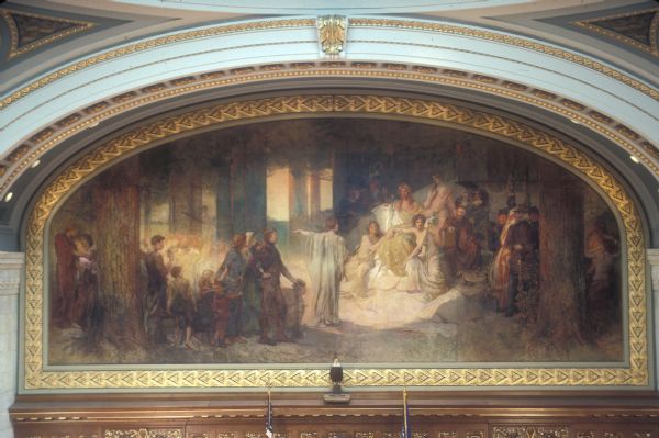 "Wisconsin," a mural painting by Edwin Howland Blashfield in the Assembly Chamber of the Wisconsin State Capitol. The theme is Wisconsin Past, Present, and Future.