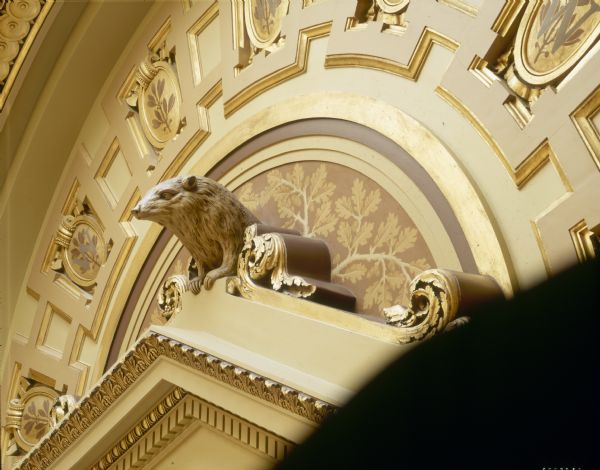 Badger sculpture above door of second floor chambers in the Wisconsin State Capitol.