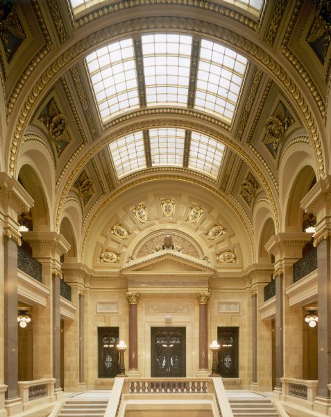 Detail of the interior stairway and skylight in the Wisconsin State Capitol.