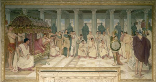 Painting, in the Wisconsin State Capitol, of "The Appeal of the Legionary to Caesar Augustus," one of four mural paintings by Albert Herter on the east wall of the Supreme Court. The painting illustrates Roman law and is taken from a little-known episode in the life of Caesar Augustus Octavius. The scene takes place in a Roman law basilica with Augustus on the left reclining on his royal litter. On marble benches in the background are Roman judges in white togas. On the right is the centurion Scutarius pleading his case.