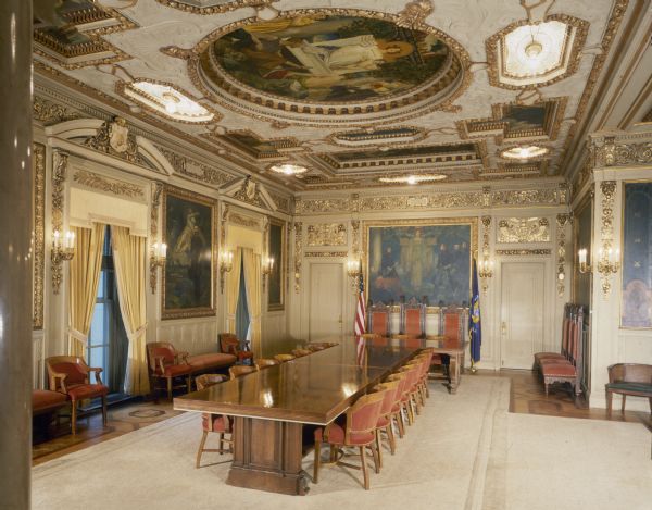 Governor's Conference Room in the Wisconsin State Capitol, before restoration. The original mahogany walls were painted to lighten the room.