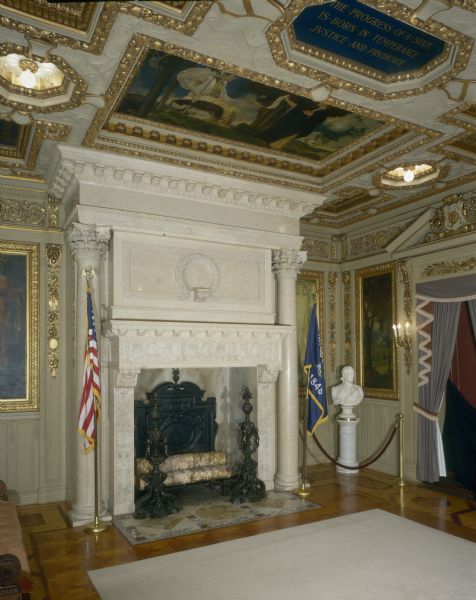 Governor's Conference Room fireplace, in the Wisconsin State Capitol, before restoration. The original mahogany walls were painted to lighten the room.