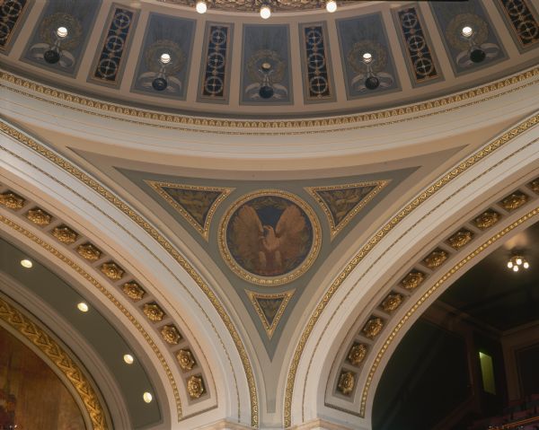 Detail of arches and cartouche of eagle in Assembly Chamber, in the Wisconsin State Capitol.