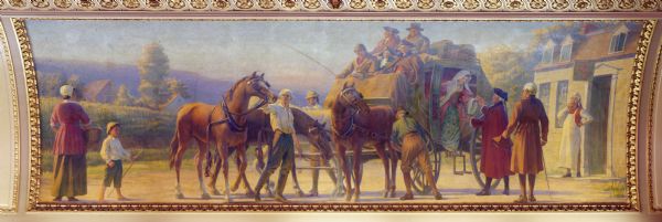 "The Stage Coach" painting in the North Hearing Room, in the Wisconsin State Capitol, by Charles Turner. This is one of four paintings depicting the four methods of transportation in Wisconsin from the earliest colonial times to the present day.