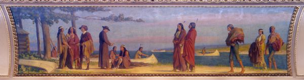 "A Lake Trading Station" painting in the North Hearing Room, in the Wisconsin State Capitol, by Charles Turner. This is one of four paintings depicting the four methods of transportation in Wisconsin from the earliest colonial times to the present day.
