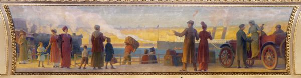"A Modern Transportation System" painting in the North Hearing Room, in the Wisconsin State Capitol, by Charles Turner. This is one of four paintings depicting the four methods of transportation in Wisconsin from the earliest colonial times to the present day.