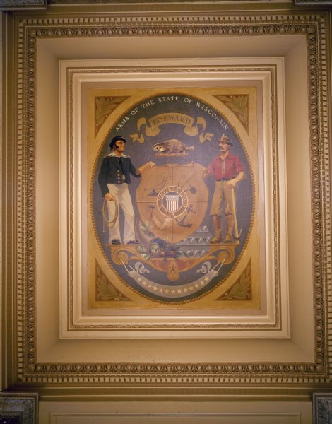 State Seal, in the Wisconsin State Capitol, painted on the ceiling of the first floor corridor, off of the rotunda running toward West Washington Avenue.