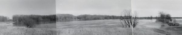 Panoramic landscape view of the Fey Farm near Dexterville, Wood County. The view incudes the farmstead and much of the surrounding acreage and woodlands. The panorama was created by taping together several individual photographs.